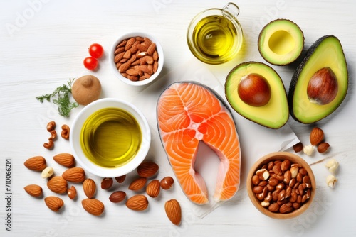 Healthy diet, nutrition food rich in vitamins and omega-3 concept, assorted fresh vegetables, green salad, fruit, fish salmon, nuts, blueberries healthy nutrition or anti-inflammatory diet