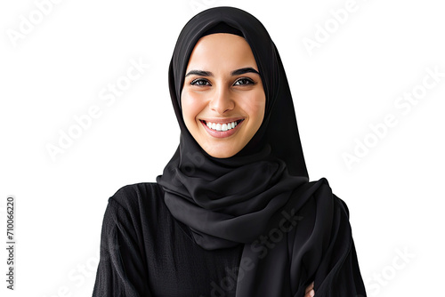Portrait of young beautiful Muslim woman that wear hijab isolated on white transparent background, Arabian middle eastern religious concept. photo