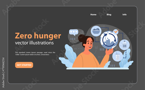 Zero hunger night mode or dark mode web banner or landing page. SDG or sustainable development goals. Human rights and social progress. Food security and improved nutrition. Flat vector illustration