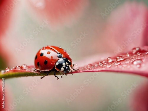 ladybug on red flower petal with water drops close up