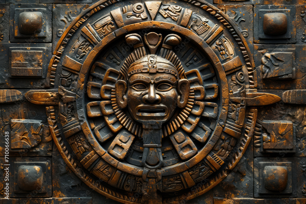 Black sun stone like dial, golden patina, Aztec inspired wall carving of ancient design, surface material texture