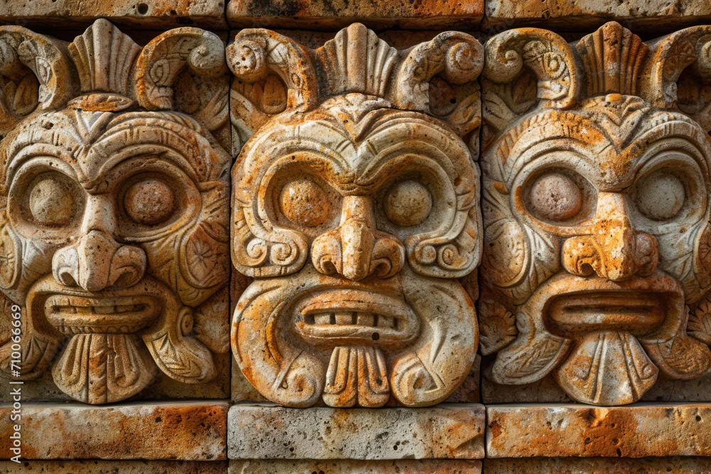 Face designs in patina sandstone, Aztec inspired wall carving of ancient design, surface material texture