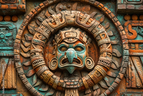 Eagle mask, Golden sun stone like dial, Aztec inspired wall carving of ancient design, surface material texture
