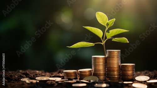 a row of stacks of coins with a plant growing from each. Business finance.Generative AI