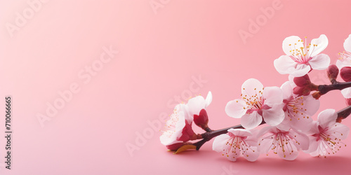 Banner with flowers Sakura on light pink background. Greeting card template for Wedding. Pink blooming cherry trees. Springtime. Banner. Springtime composition with copy space. Flat lay style.