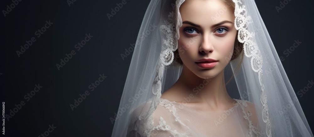 Female, bride, veil and elegant accessory for romance, love or promise. Female, bride, veil and elegant accessory for romance, love or promise.