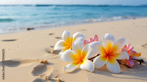 plumeria on a sandy beach, summer concept. sea, ocean.Generative AI