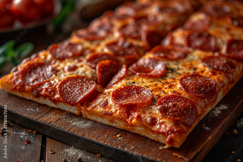 pepperoni pizza, details in macro pepperoni pizza, details in macro
