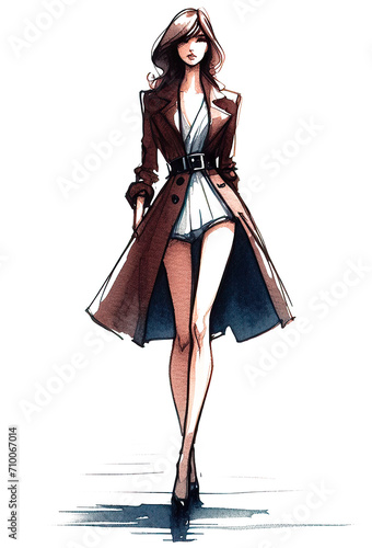 Fashion model walking on a catwalk Watercolor sketch. AI generative illustration