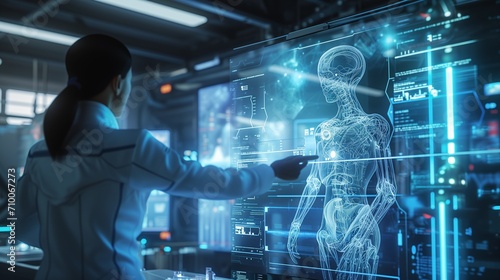 Scientist Interacting with a Holographic Human Anatomy Display in a High-tech Lab