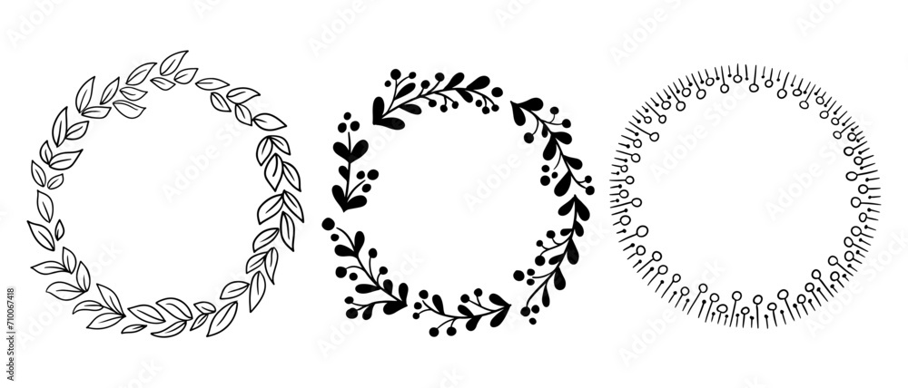Set of doodle hand drawn floral wreaths or frames. Outline vector isolated black round round frames for stickers, cards on white background. Contour templates for wedding, anniversary card, invitation Set of doodle hand drawn floral wreaths or frames. Outline vector isolated black round round frames for stickers, cards on white background. Contour templates for wedding, anniversary card, invitation