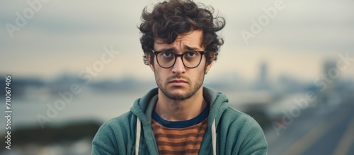 Anxious young Caucasian man in casual attire and glasses, displaying skepticism and worry, frowning due to an issue, feeling upset.