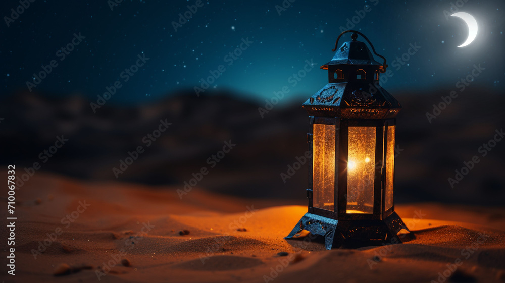 Ramadan background. Colorful lanterns on desert dunes Ramadan background. Colorful lanterns on desert dunes