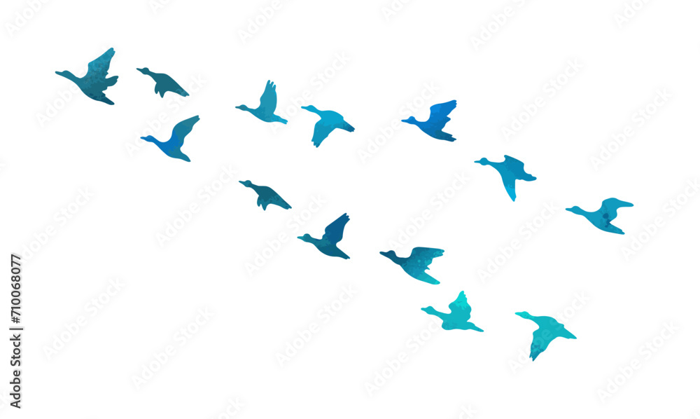 Silhouette of flying blue ducks. hand drawing. Not AI, Vector illustration - obrazy, fototapety, plakaty 