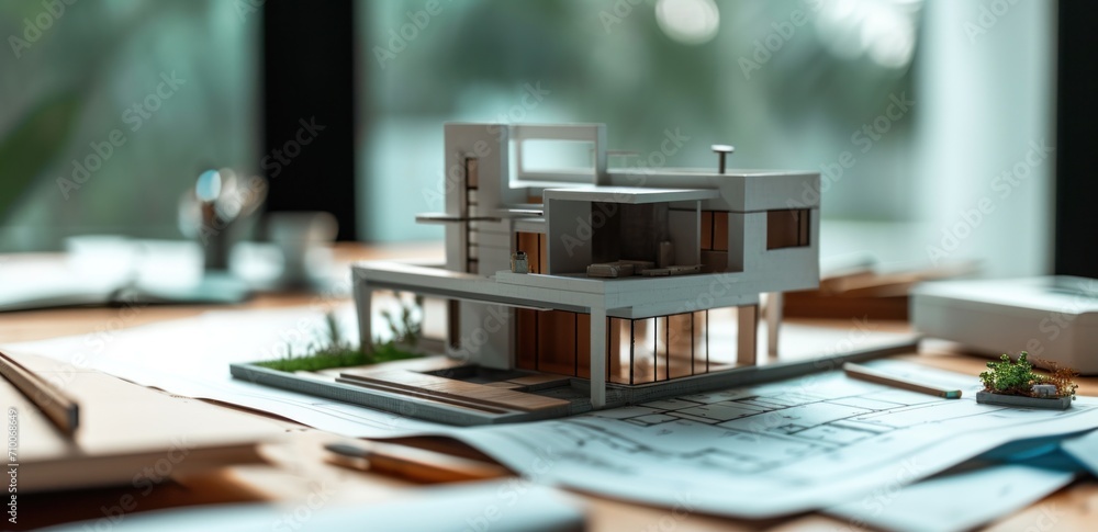 a set of house plans on a table with a model on the table a set of house plans on a table with a model on the table