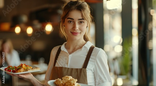 a beautiful waitress in full uniform in a white top bringing food