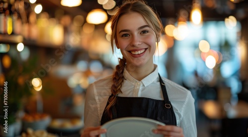 a waitress holding a plate of food