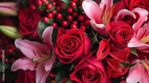 Bouquets of red roses  delicate lilies  and aromatic petals