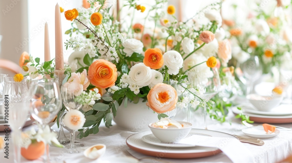 Elegant Easter Table Setting with Fresh Florals and Seasonal Centerpiece Elegant Easter Table Setting with Fresh Florals and Seasonal Centerpiece