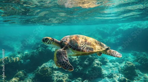 a turtle swimming in the ocean surrounded by coral reefs © olegganko