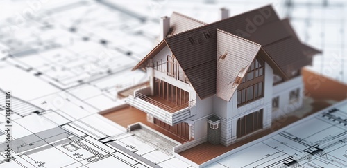 a model home sitting on a table with various architectural drawings,