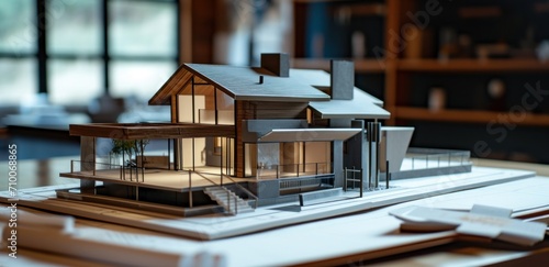 a model home sitting on a table with various architectural drawings,