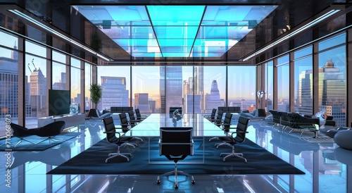 a modern business room surrounded by furniture and glass windows
