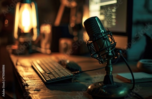 a desk with a microphone and keyboard