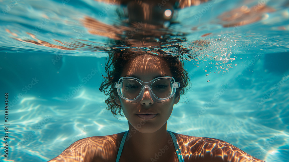 Fototapeta premium A close-up of a young woman in a bikini serenely waiting underwater with goggles in a pool