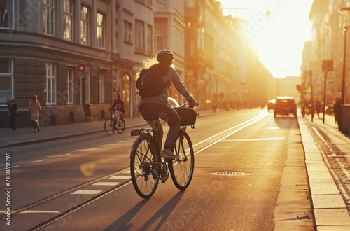 female cyclist riding a bike on city street during sunrise