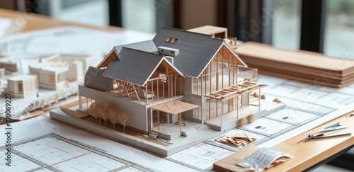 a model home sitting on a table with various architectural drawings,