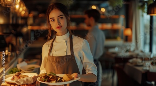 a beautiful waitress in full uniform in a white top bringing food