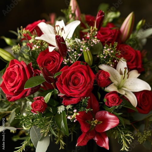 Bouquets of red roses  delicate lilies  and aromatic petals