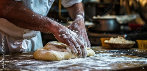 chef kneading dough on wooden countertop