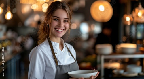 a waitress holding a plate of food