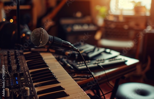 a desk with a microphone and keyboard