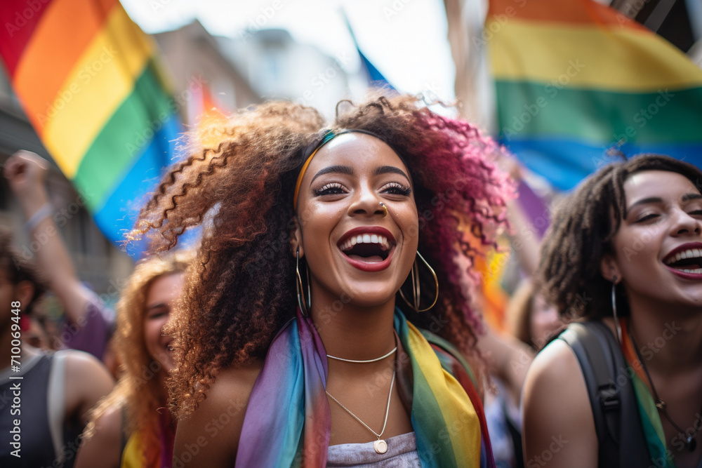 A diverse group of young activists participating in an LGBTQ+ pride ...