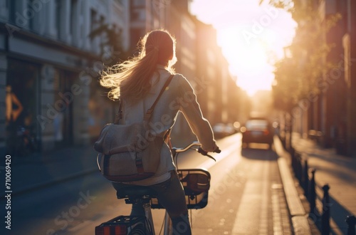 a lady riding a bike down a street at sunrise