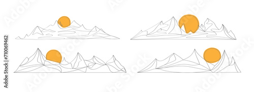 Mountain ranges with sun landscape of line-drawn style isolated on white background vector 10 eps