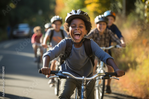 Youthful excitement during a community biking event, emphasizing the eco-friendly and health-conscious choices of contemporary youth. photo