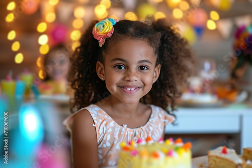 a little girl is sitting at a party table with a cake in her hand