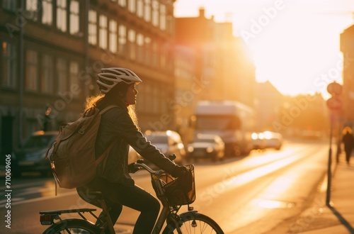 female cyclist riding a bike on city street during sunrise