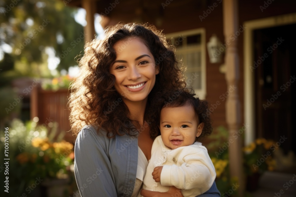 Fototapeta premium Smiling mother with baby in front of house