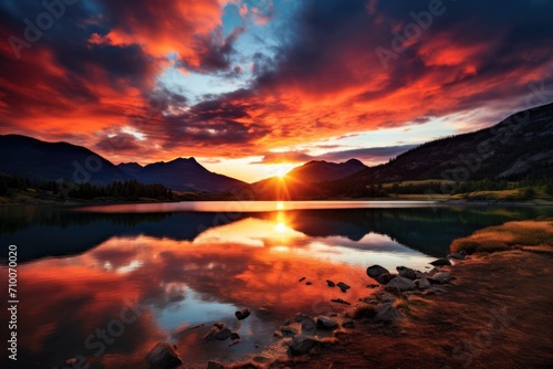 Beautiful sunset over mountain lake © Baba Images