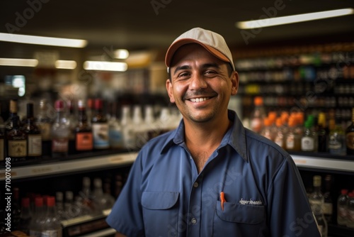 Smiling male bartender at a vintage liquor store