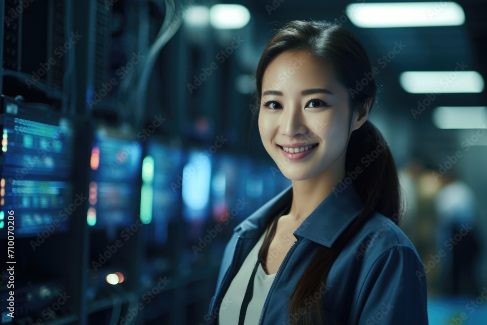Portrait of a professional woman in server room data center Portrait of a professional woman in server room data center