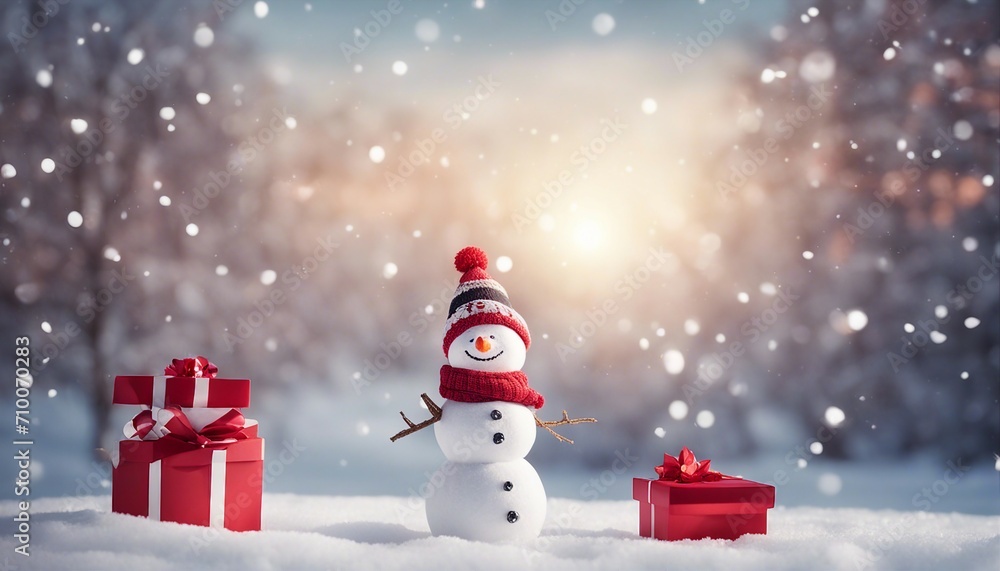 snowman with gifts A cheerful Christmas with a snowman and a greeting card. The snowman is smiling and wearing a hat snowman with gifts A cheerful Christmas with a snowman and a greeting card. The snowman is smiling and wearing a hat