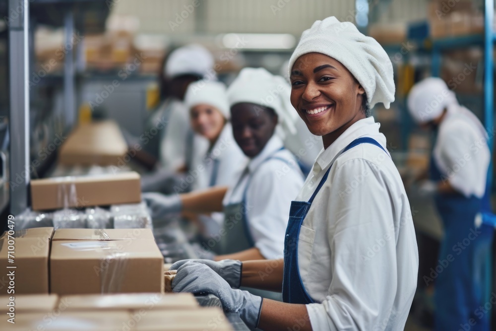 Smiling young workers packaging products at factory - obrazy, fototapety, plakaty 