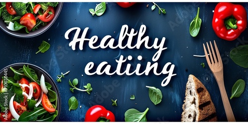 Text "Healthy eating". Concept Healthy Food. Inscription. Design for food. Organic. Vegetarian. Diet, proper nutrition, balance. Isolated dark background