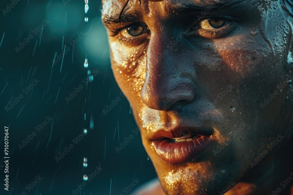 Close-up of a Focused Male Athlete with Intense Eyes and Sweat on Face Close-up of a Focused Male Athlete with Intense Eyes and Sweat on Face